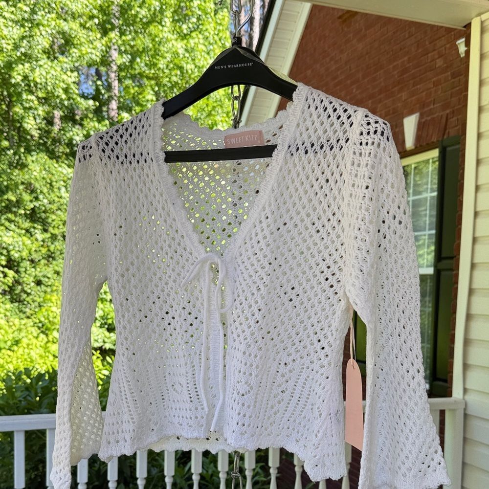White Crochet Tie-Front Women's Sweater - S - NWT